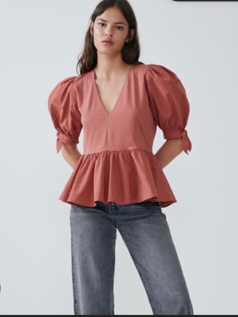 Zara Terracotta V-Neck Peplum Puff-Sleeve Top